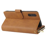 For Samsung A10/A20/A30/A50/A30S/A50S Pu Leather  Mobile Phone Cover Zipper Card Bag + Wrist Strap brown
