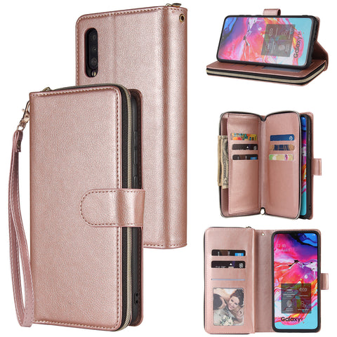 For Samsung A10/A20/A30/A50/A30S/A50S Pu Leather  Mobile Phone Cover Zipper Card Bag + Wrist Strap Rose gold