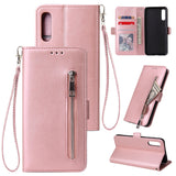 For Samsung A50 Solid Color PU Leather Zipper Wallet Double Buckle Protective Case with Stand & Lanyard Rose gold