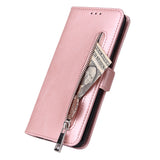 For Samsung A50 Solid Color PU Leather Zipper Wallet Double Buckle Protective Case with Stand & Lanyard Rose gold