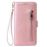 For Samsung A50 Solid Color PU Leather Zipper Wallet Double Buckle Protective Case with Stand & Lanyard Rose gold