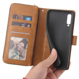 For Samsung A10/A20/A30/A50/A30S/A50S Pu Leather  Mobile Phone Cover Zipper Card Bag + Wrist Strap brown