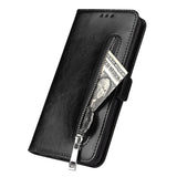 For Samsung A50 Solid Color PU Leather Zipper Wallet Double Buckle Protective Case with Stand & Lanyard black
