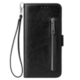 For Samsung A50 Solid Color PU Leather Zipper Wallet Double Buckle Protective Case with Stand & Lanyard black