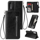 For Samsung A50 Solid Color PU Leather Zipper Wallet Double Buckle Protective Case with Stand & Lanyard black