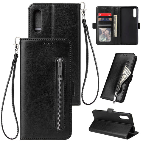 For Samsung A50 Solid Color PU Leather Zipper Wallet Double Buckle Protective Case with Stand & Lanyard black