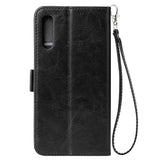 For Samsung A50 Solid Color PU Leather Zipper Wallet Double Buckle Protective Case with Stand & Lanyard black