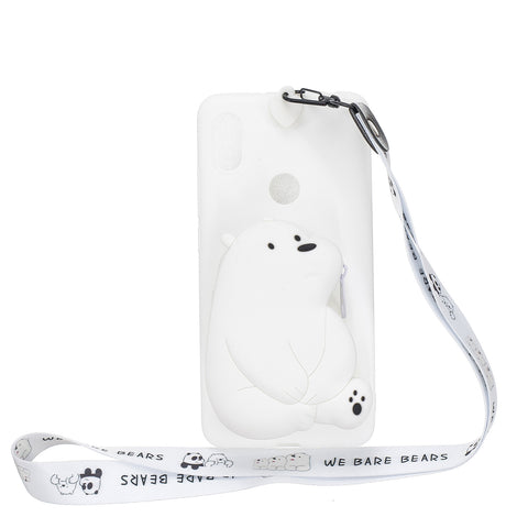 For HUAWEI Y6 2019 Y7 2019 Y9 2019 Cartoon Full Protective TPU Mobile Phone Cover with Mini Coin Purse+Cartoon Hanging Lanyard 6 white big bear