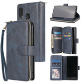 For Samsung A10/A20/A30/A50/A30S/A50S Pu Leather  Mobile Phone Cover Zipper Card Bag + Wrist Strap blue