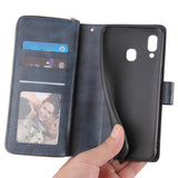 For Samsung A10/A20/A30/A50/A30S/A50S Pu Leather  Mobile Phone Cover Zipper Card Bag + Wrist Strap blue
