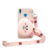 For HUAWEI Y6/Y7 Prime 2019 Cellphone Case Mobile Phone Shell Shockproof TPU Cover with Cartoon Cat Pig Panda Coin Purse Lovely Shoulder Starp  Pink