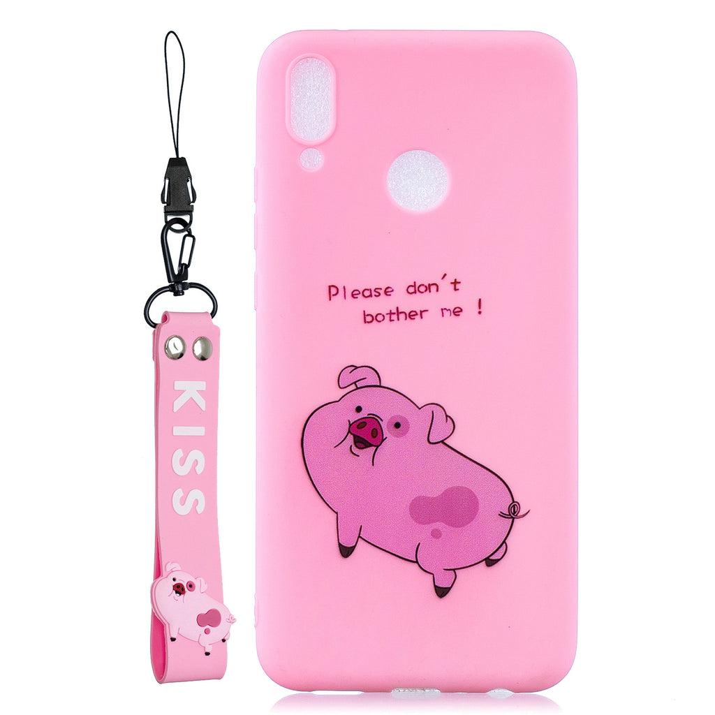 For HUAWEI Y9 2019 Cartoon Lovely Coloured Painted Soft TPU Back Cover Non-slip Shockproof Full Protective Case with Lanyard Rose red