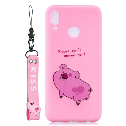 For HUAWEI Y9 2019 Cartoon Lovely Coloured Painted Soft TPU Back Cover Non-slip Shockproof Full Protective Case with Lanyard Rose red