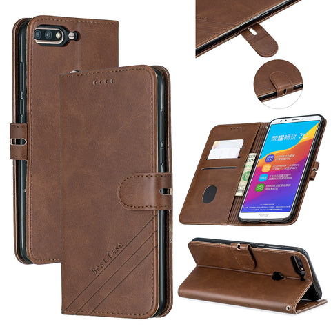 For HUAWEI Honor 7C-Enjoy 8-Y7 2018-Y7 Pro 2018 Denim Pattern Solid Color Flip Wallet PU Leather Protective Phone Case with Buckle & Bracket brown