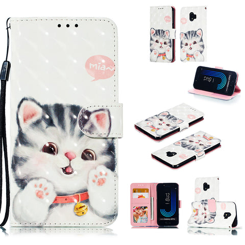 For Samsung J2 pro 2018 3D Coloured Painted PU Magnetic Clasp Wallet Phone Case with Bracket Lanyard Jingle cat