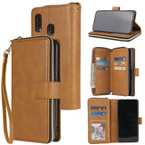For Samsung A10/A20/A30/A50/A30S/A50S Pu Leather  Mobile Phone Cover Zipper Card Bag + Wrist Strap brown