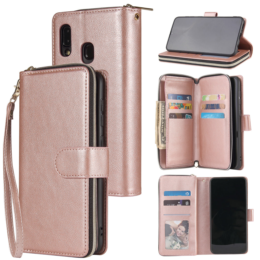 For Samsung A10/A20/A30/A50/A30S/A50S Pu Leather  Mobile Phone Cover Zipper Card Bag + Wrist Strap Rose gold
