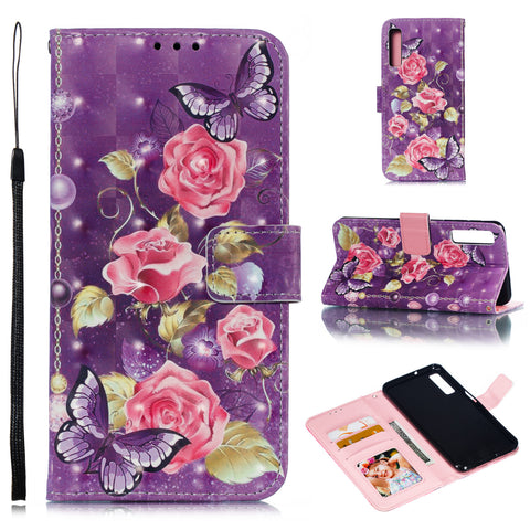 For Samsung A7 2018 3D Coloured Painted Leather Protective Phone Case with Button & Card Position & Lanyard purple flower