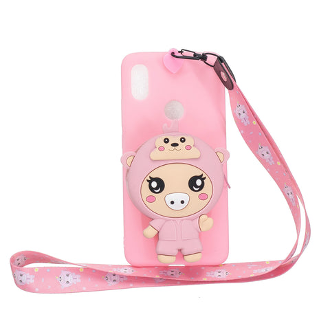 For HUAWEI Y6 2019 Y7 2019 Y9 2019 Cartoon Full Protective TPU Mobile Phone Cover with Mini Coin Purse+Cartoon Hanging Lanyard 3 deep pink piglets