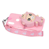 For HUAWEI Y6 2019 Y7 2019 Y9 2019 Cartoon Full Protective TPU Mobile Phone Cover with Mini Coin Purse+Cartoon Hanging Lanyard 3 deep pink piglets