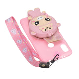 For HUAWEI Y6 2019 Y7 2019 Y9 2019 Cartoon Full Protective TPU Mobile Phone Cover with Mini Coin Purse+Cartoon Hanging Lanyard 3 deep pink piglets