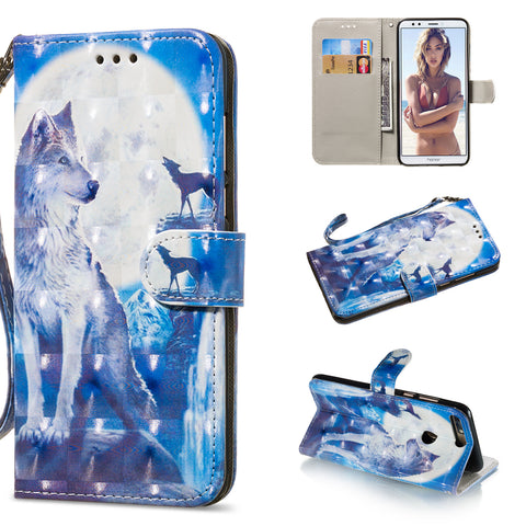 For HUAWEI honor 7C / Enjoy 8/Y7PRIME 2018/Y7 PRO 2018/NOVA2 LITE 3D Coloured Painted PU Magnetic Clasp Phone Case with Card Slots Bracket Lanyard Wolf