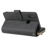 For Samsung A10/A20/A30/A50/A30S/A50S Pu Leather  Mobile Phone Cover Zipper Card Bag + Wrist Strap black