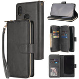 For Samsung A10/A20/A30/A50/A30S/A50S Pu Leather  Mobile Phone Cover Zipper Card Bag + Wrist Strap black