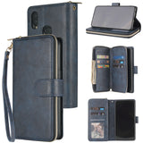 For Samsung A10/A20/A30/A50/A30S/A50S Pu Leather  Mobile Phone Cover Zipper Card Bag + Wrist Strap blue