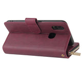 For Samsung A10/A20/A30/A50/A30S/A50S Pu Leather  Mobile Phone Cover Zipper Card Bag + Wrist Strap Red wine