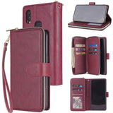 For Samsung A10/A20/A30/A50/A30S/A50S Pu Leather  Mobile Phone Cover Zipper Card Bag + Wrist Strap Red wine