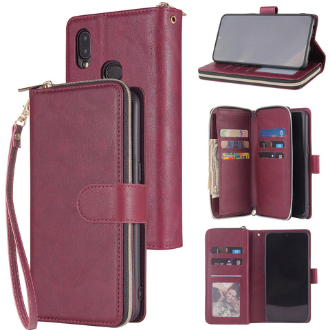 For Samsung A10/A20/A30/A50/A30S/A50S Pu Leather  Mobile Phone Cover Zipper Card Bag + Wrist Strap Red wine