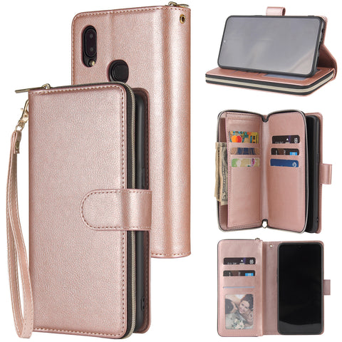 For Samsung A10/A20/A30/A50/A30S/A50S Pu Leather  Mobile Phone Cover Zipper Card Bag + Wrist Strap Rose gold