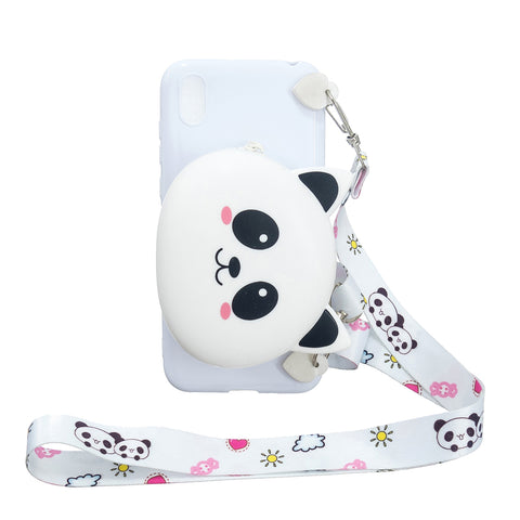 For HUAWEI Y5 2018/Y5 2019 Cellphone Case Mobile Phone Shell Shockproof TPU Cover with Cartoon Cat Pig Panda Coin Purse Lovely Shoulder Starp  White