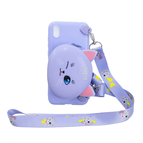 For HUAWEI Y5 2018/Y5 2019 Cellphone Case Mobile Phone Shell Shockproof TPU Cover with Cartoon Cat Pig Panda Coin Purse Lovely Shoulder Starp  Purple