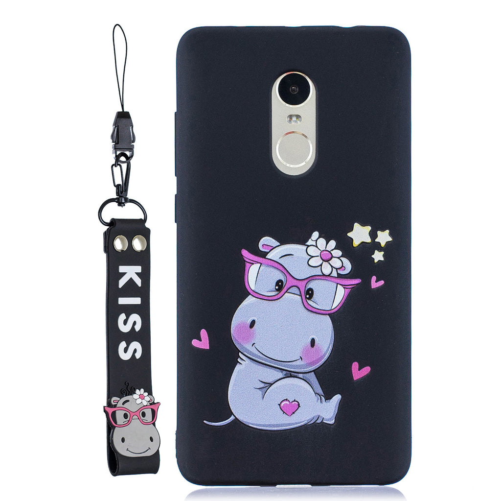 For Redmi note 4X/NOTE 4 Cartoon Lovely Coloured Painted Soft TPU Back Cover Non-slip Shockproof Full Protective Case with Lanyard black