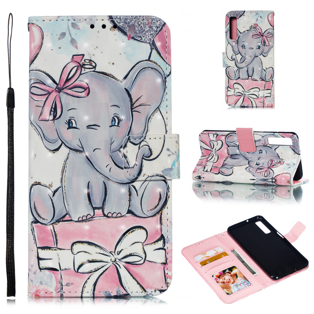 For Samsung A7 2018 3D Coloured Painted Leather Protective Phone Case with Button & Card Position & Lanyard Butterfly elephant