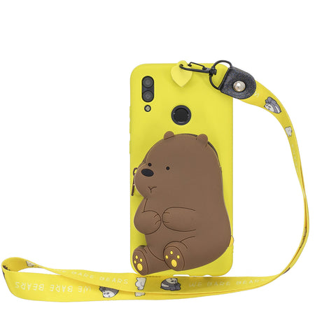 For HUAWEI Y6 2019 Y7 2019 Y9 2019 Cartoon Full Protective TPU Mobile Phone Cover with Mini Coin Purse+Cartoon Hanging Lanyard 1 yellow brown bear