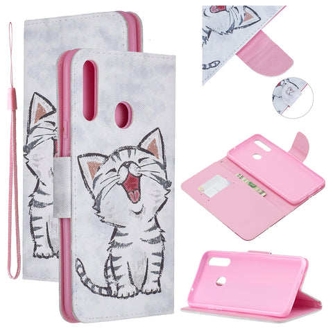For Samsung A10S/A20S Smartphone Case PU Leather Phone Shell Lovely Cartoon Pattern Card Slots Overall Protection Red lip cat