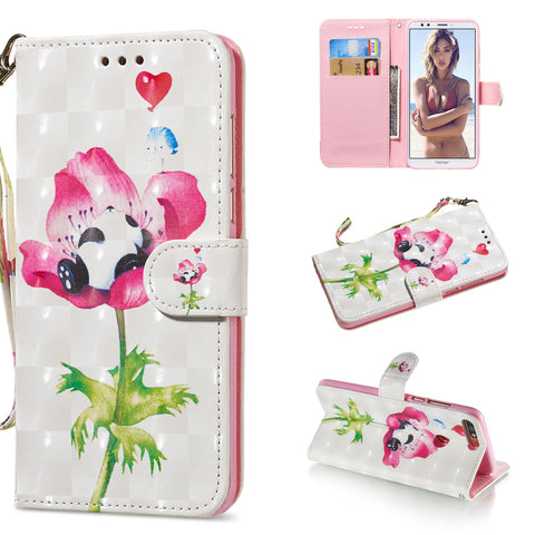 For HUAWEI honor 7C / Enjoy 8/Y7PRIME 2018/Y7 PRO 2018/NOVA2 LITE 3D Coloured Painted PU Magnetic Clasp Phone Case with Card Slots Bracket Lanyard Flower panda