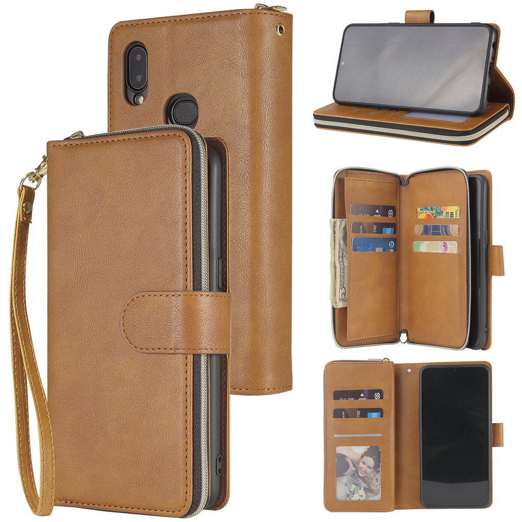 For Samsung A10/A20/A30/A50/A30S/A50S Pu Leather  Mobile Phone Cover Zipper Card Bag + Wrist Strap brown