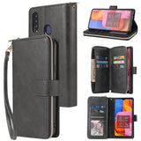 For Samsung A10/A20/A30/A50/A30S/A50S Pu Leather  Mobile Phone Cover Zipper Card Bag + Wrist Strap black