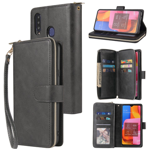 For Samsung A10/A20/A30/A50/A30S/A50S Pu Leather  Mobile Phone Cover Zipper Card Bag + Wrist Strap black