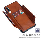 For Samsung A70 Double Buckle Non-slip Shockproof Cell Phone Case with Card Slot Bracket Light Brown