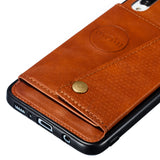 For Samsung A70 Double Buckle Non-slip Shockproof Cell Phone Case with Card Slot Bracket Light Brown