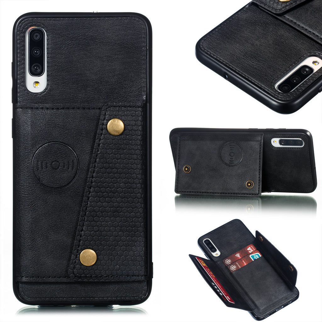 For Samsung A70 Double Buckle Non-slip Shockproof Cell Phone Case with Card Slot Bracket black