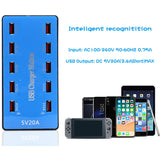 USB Charger 100W 10 Ports USB 20A Smart Phone Desktop Charging Station for 5V 2A for Samsung Xiaomi  blue_European regulations