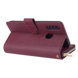 For Samsung A10/A20/A30/A50/A30S/A50S Pu Leather  Mobile Phone Cover Zipper Card Bag + Wrist Strap Red wine