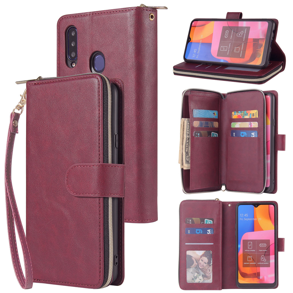 For Samsung A10/A20/A30/A50/A30S/A50S Pu Leather  Mobile Phone Cover Zipper Card Bag + Wrist Strap Red wine