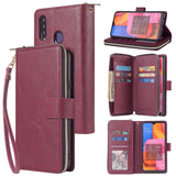For Samsung A10/A20/A30/A50/A30S/A50S Pu Leather  Mobile Phone Cover Zipper Card Bag + Wrist Strap Red wine